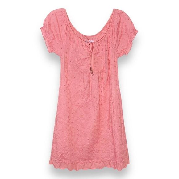 Calypso Christiane Cello Pink Eyelet Puff Sleeve Tie Tassel Bust Shift Dress XS - Picture 1 of 16